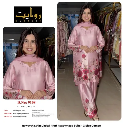 Rawayat Satin Digital Print Readymade Suits - 3 Size Combo, pink floral print satin suit set with dupatta.