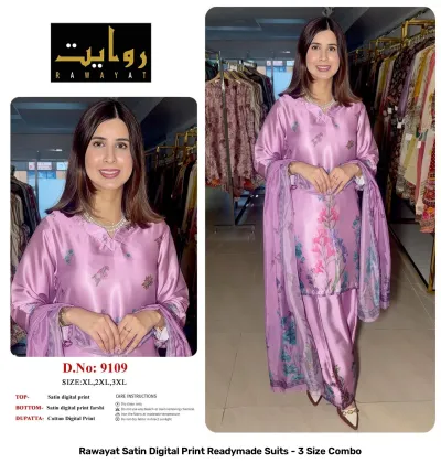Rawayat Satin Digital Print Readymade Suits - 3 Size Combo, lavender floral print satin suit set with dupatta.