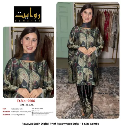Rawayat Satin Digital Print Readymade Suits - 3 Size Combo, dark grey paisley print satin suit set with dupatta.