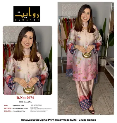Rawayat Satin Digital Print Readymade Suits - 3 Size Combo, light pink floral print satin suit set with dupatta.