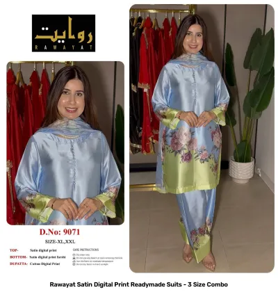 Rawayat Satin Digital Print Readymade Suits - 3 Size Combo, sky blue and light green floral print satin suit set with dupatta.