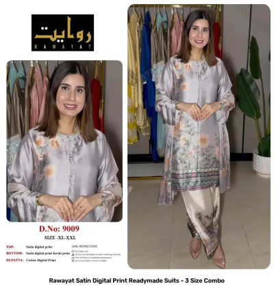 Rawayat Satin Digital Print Readymade Suits - 3 Size Combo, grey and floral print satin suit set with dupatta.