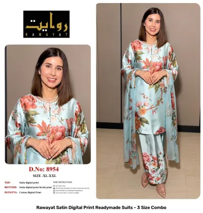 Rawayat Satin Digital Print Readymade Suits - 3 Size Combo, light blue and pink floral print satin suit set with dupatta.