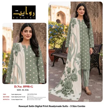 Rawayat Satin Digital Print Readymade Suits - 3 Size Combo, olive green with white polka dots and floral print border suit.