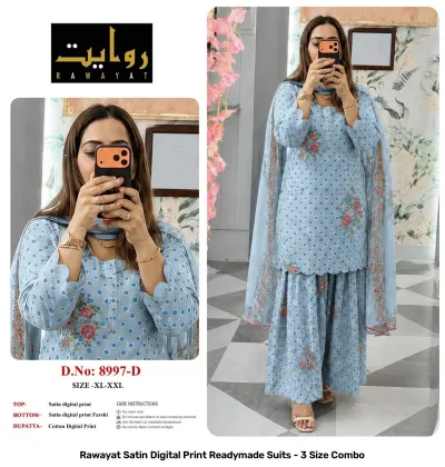 Rawayat Satin Digital Print Readymade Suits - 3 Size Combo, light blue polka dot and floral print sharara suit set.
