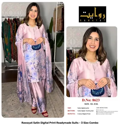 Rawayat Satin Digital Print Readymade Suits - 3 Size Combo, light pink and blue floral print satin suit set with dupatta.