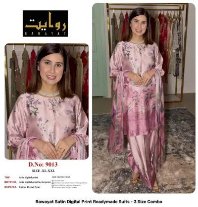 Rawayat Satin Digital Print Readymade Suits - 3 Size Combo, pink floral print satin suit set with dupatta.