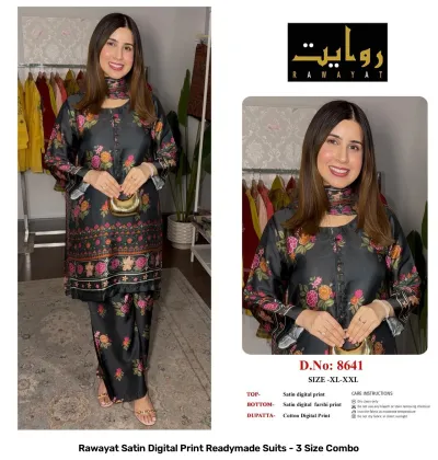 Rawayat Satin Digital Print Readymade Suits - 3 Size Combo, black and multi-colored floral print satin suit set with dupatta.