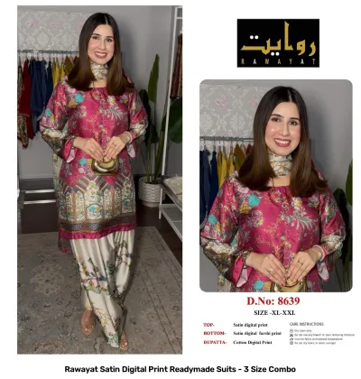 Rawayat Satin Digital Print Readymade Suits - 3 Size Combo, dark pink and cream floral print satin suit set with dupatta.