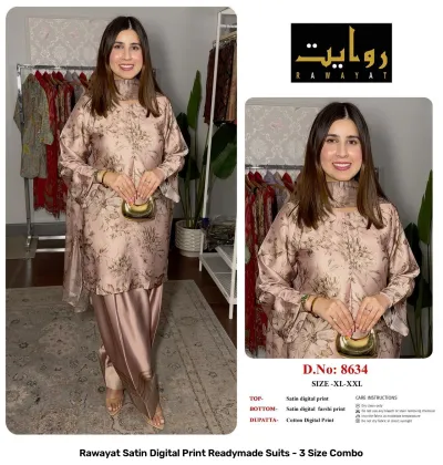 Rawayat Satin Digital Print Readymade Suits - 3 Size Combo, beige and dark grey floral print satin suit set with dupatta.