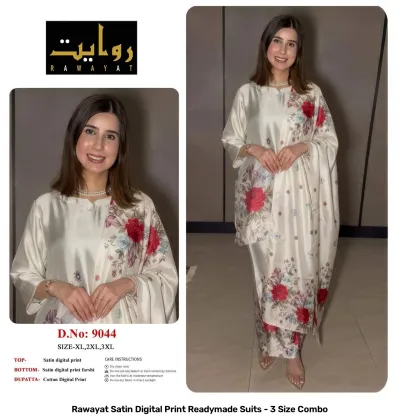Rawayat Satin Digital Print Readymade Suits - 3 Size Combo, cream and red floral print satin suit set with dupatta.