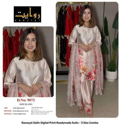 Rawayat Satin Digital Print Readymade Suits - 3 Size Combo, light pink and floral print satin suit set with dupatta.