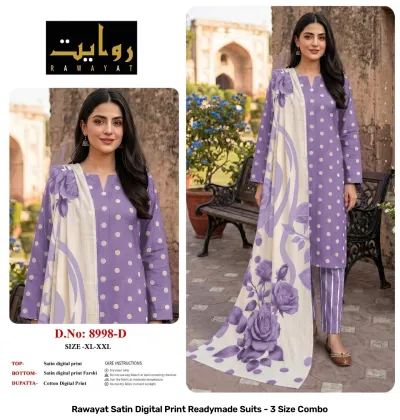 Rawayat Satin Digital Print Readymade Suits - 3 Size Combo, grey and peach floral print satin suit set with dupatta.