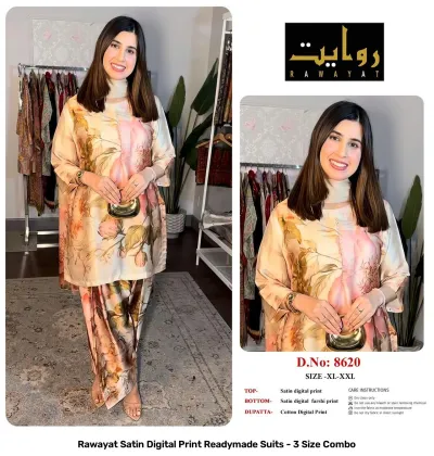 Rawayat Satin Digital Print Readymade Suits - 3 Size Combo, grey and floral print satin suit set with dupatta.