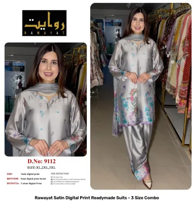Rawayat Satin Digital Print Readymade Suits - 3 Size Combo, blue and floral print satin suit set with dupatta.