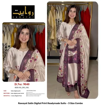 Rawayat Satin Digital Print Readymade Suits - 3 Size Combo, cream and floral print satin suit set with dupatta.