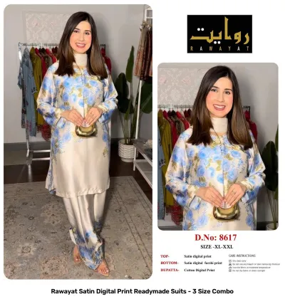 Rawayat Satin Digital Print Readymade Suits - 3 Size Combo, light blue and cream floral print satin suit set with dupatta.