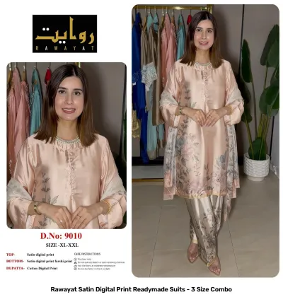 Rawayat Satin Digital Print Readymade Suits - 3 Size Combo, pink and floral print satin suit set with dupatta.
