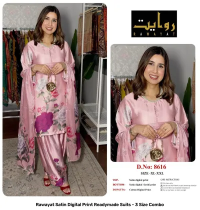 Rawayat Satin Digital Print Readymade Suits - 3 Size Combo, light pink and floral print satin suit set with dupatta.