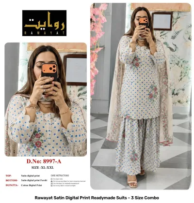 Rawayat Satin Digital Print Readymade Suits - 3 Size Combo, light blue and floral print satin suit set with dupatta.