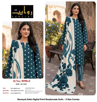 Rawayat Satin Digital Print Readymade Suits - 3 Size Combo, light pink and floral print satin suit set with dupatta.