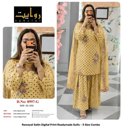 Rawayat Satin Digital Print Readymade Suits - 3 Size Combo, light blue and floral print satin suit set with dupatta.