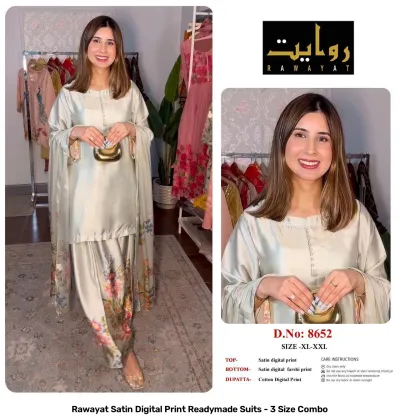 Rawayat Satin Digital Print Readymade Suits - 3 Size Combo, light pink and floral print satin suit set with dupatta.