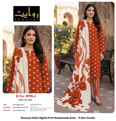 Rawayat Satin Digital Print Readymade Suits - 3 Size Combo, light pink and floral print satin suit set with dupatta.