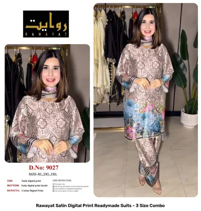 Rawayat Satin Digital Print Readymade Suits - 3 Size Combo, beige patterned satin suit with large floral print and dupatta.