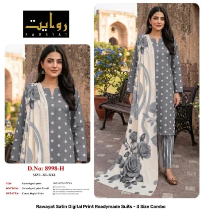 Rawayat Satin Digital Print Readymade Suits - 3 Size Combo, light blue and floral print satin suit set with dupatta.