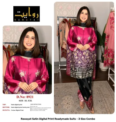Rawayat Satin Digital Print Readymade Suits - 3 Size Combo, light blue and floral print satin suit set with dupatta.