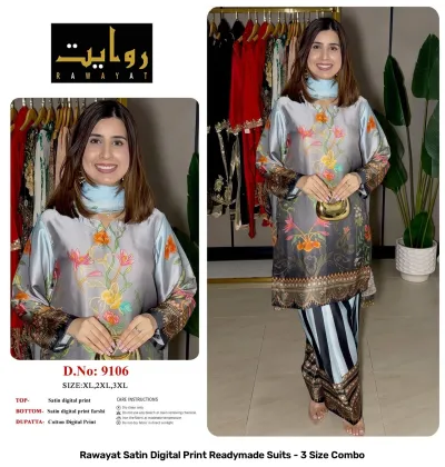 Rawayat Satin Digital Print Readymade Suits - 3 Size Combo, light pink and floral print satin suit set with dupatta.