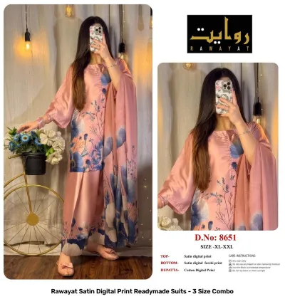 Rawayat Satin Digital Print Readymade Suits - 3 Size Combo, light blue and floral print satin suit set with dupatta.