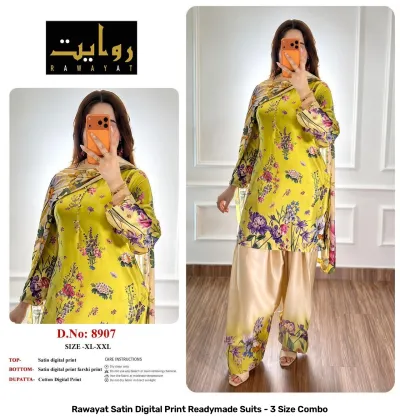 Rawayat Satin Digital Print Readymade Suits - 3 Size Combo, light pink and floral print satin suit set with dupatta.