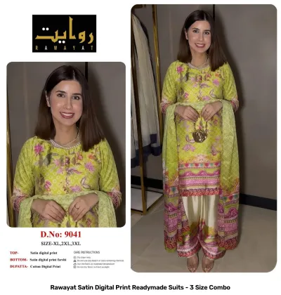 Rawayat Satin Digital Print Readymade Suits - 3 Size Combo, light green and floral print satin suit set with dupatta.