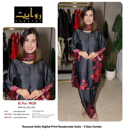 Rawayat Satin Digital Print Readymade Suits - 3 Size Combo, light pink and floral print satin suit set with dupatta.