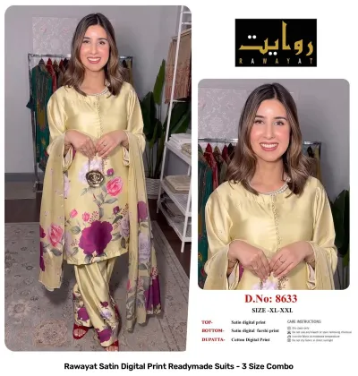 Rawayat Satin Digital Print Readymade Suits - 3 Size Combo, yellow floral print satin suit set with dupatta.
