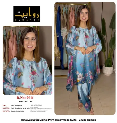 Rawayat Satin Digital Print Readymade Suits - 3 Size Combo, light blue and floral print satin suit set with dupatta.