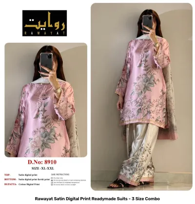 Rawayat Satin Digital Print Readymade Suits - 3 Size Combo, light pink and floral print satin suit set with dupatta.