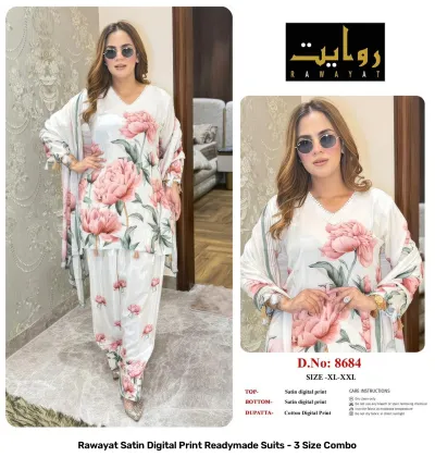 Rawayat Satin Digital Print Readymade Suits - 3 Size Combo, yellow and floral print satin suit set with dupatta.