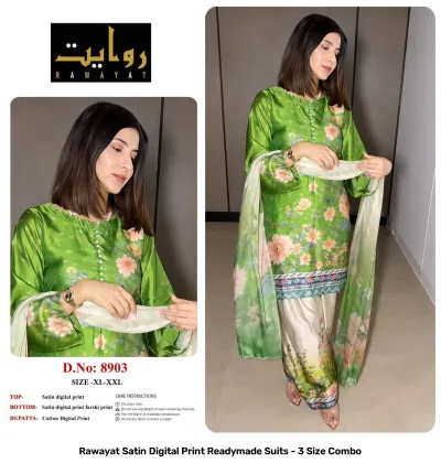 Rawayat Satin Digital Print Readymade Suits - 3 Size Combo, light pink and floral print satin suit set with dupatta.