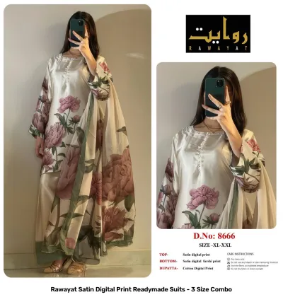 Rawayat Satin Digital Print Readymade Suits - 3 Size Combo, light blue and floral print satin suit set with dupatta.