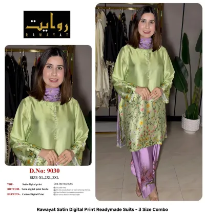 Rawayat Satin Digital Print Readymade Suits - 3 Size Combo, light blue and floral print satin suit set with dupatta.