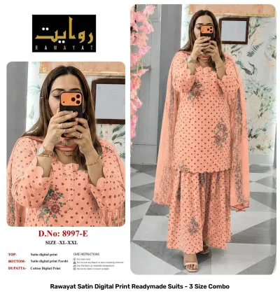 Rawayat Satin Digital Print Readymade Suits - 3 Size Combo, light pink and floral print satin suit set with dupatta.