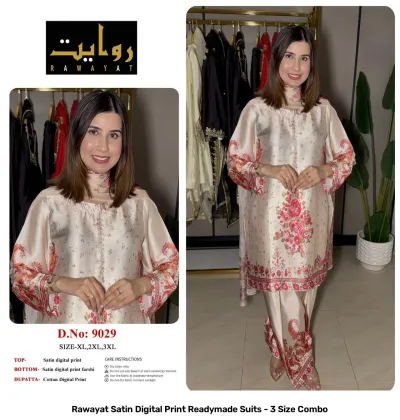 Rawayat Satin Digital Print Readymade Suits - 3 Size Combo, light blue and floral print satin suit set with dupatta.