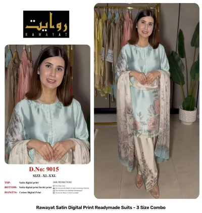 Rawayat Satin Digital Print Readymade Suits - 3 Size Combo, light blue and floral print satin suit set with dupatta.