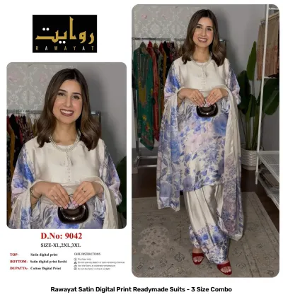 Rawayat Satin Digital Print Readymade Suits - 3 Size Combo, light pink and floral print satin suit set with dupatta.