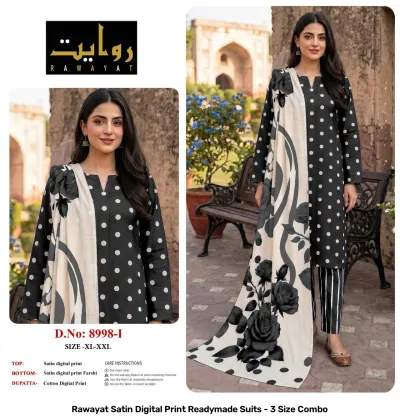 Rawayat Satin Digital Print Readymade Suits - 3 Size Combo, light blue and floral print satin suit set with dupatta.