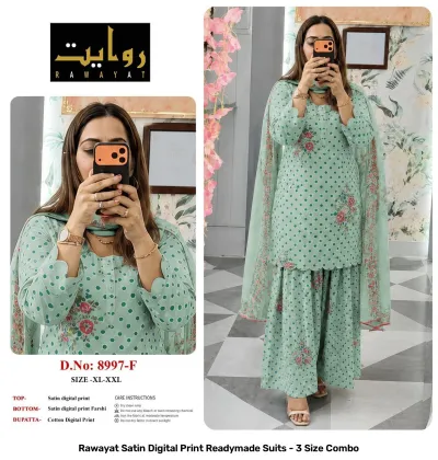 Rawayat Satin Digital Print Readymade Suits - 3 Size Combo, light pink and floral print satin suit set with dupatta.