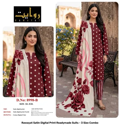 Rawayat Satin Digital Print Readymade Suits - 3 Size Combo, light blue and floral print satin suit set with dupatta.